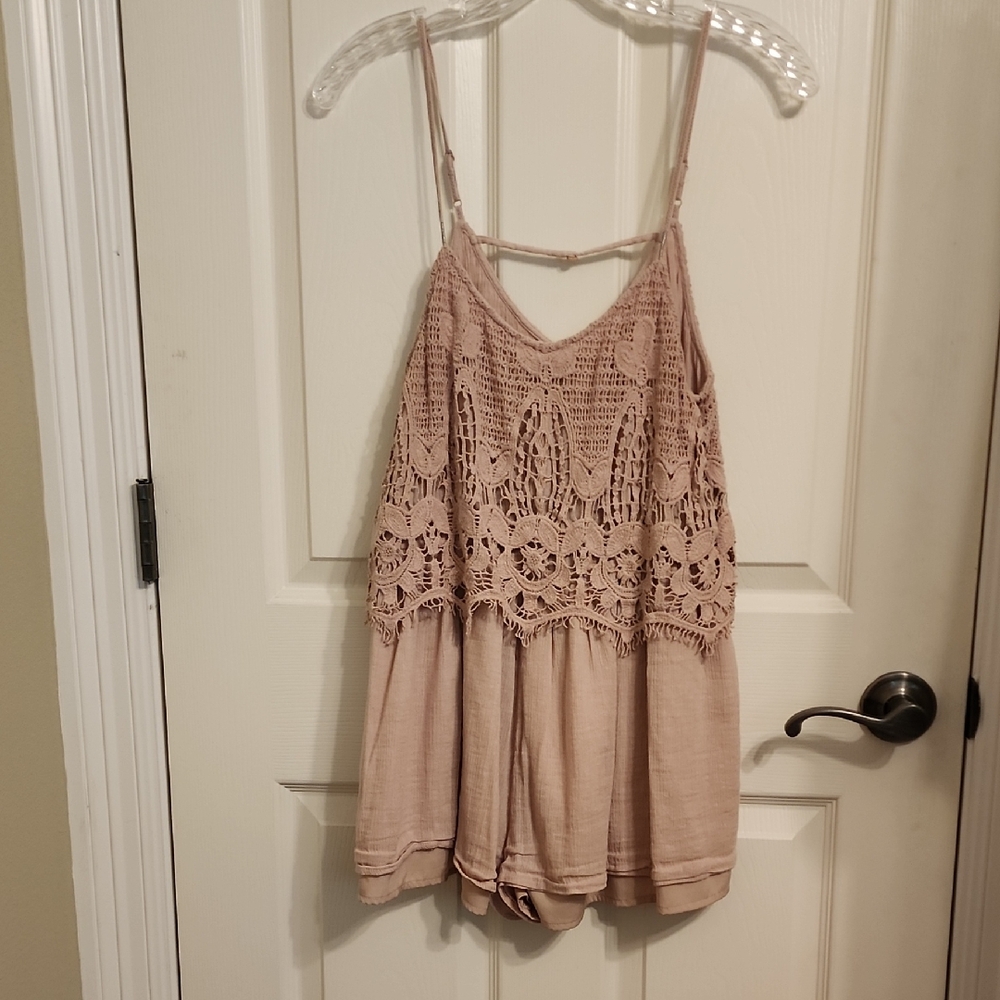 Elegant Lace Trimmed Beige Romper